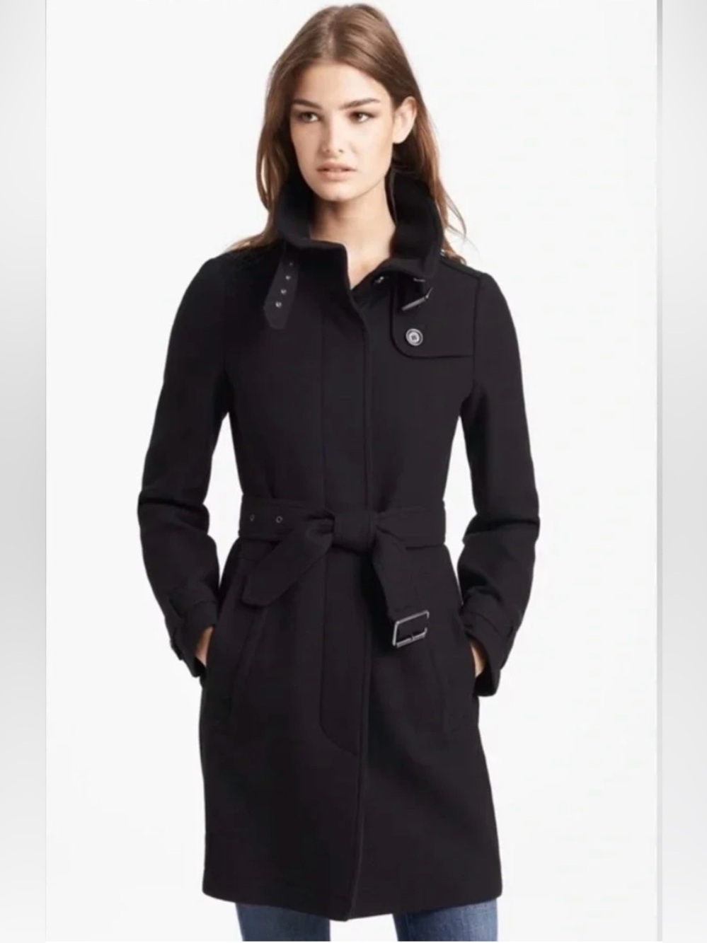 Burberry Brit Rushworth Belted Wool/Cashmere Black Coat, Size 2US, 36EU